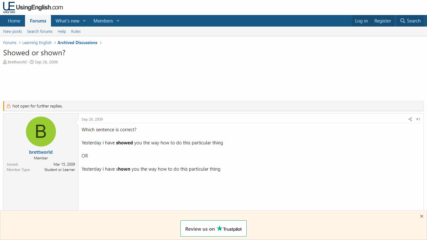 Showed or shown? | UsingEnglish.com ESL Forum